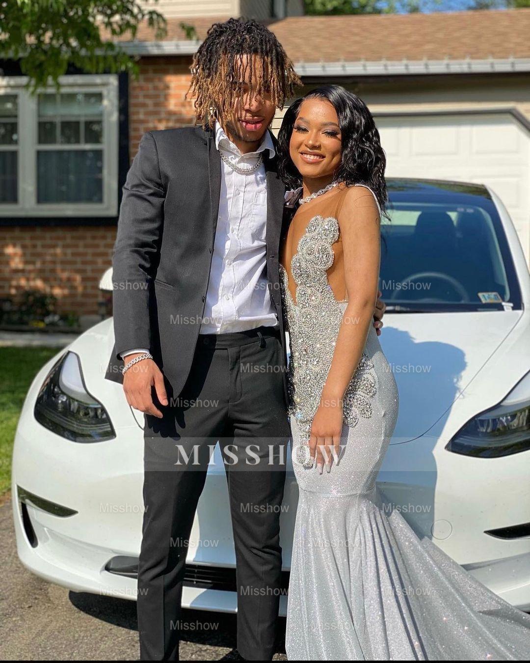 Glamorous Long Silver Mermaid Sequined Sleeveless Prom Dress With Lace