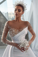 Glamorous Long White Long Sleeves Satin Crystal Wedding Dress With Detachable Train