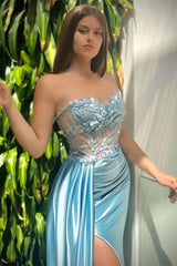 Glamorous Mermaid Sleeveless Appliques Satin Prom Dress With Slit
