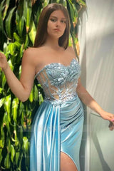 Glamorous Mermaid Sleeveless Appliques Satin Prom Dress With Slit
