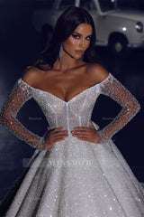 Glamorous Off-the-shoulder A-line Long Sleeves Lace Wedding Dress With Train