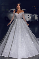 Glamorous Off-the-shoulder A-line Long Sleeves Lace Wedding Dress With Train