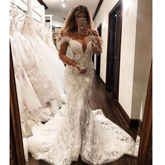 Glamorous Off-the-Shoulder Long Sleeves V-Neck Appliques Mermaid Wedding Dress