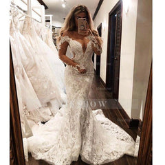 Glamorous Off-the-Shoulder Long Sleeves V-Neck Appliques Mermaid Wedding Dress
