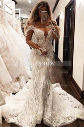 Glamorous Off-the-Shoulder Long Sleeves V-Neck Appliques Mermaid Wedding Dress
