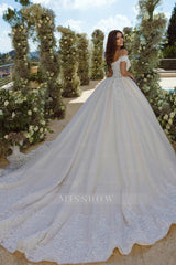 Glamorous Off-the-shoulder V-neck Appliques Lace A-line Wedding Dress