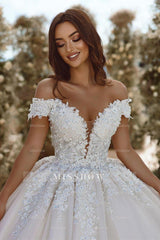 Glamorous Off-the-shoulder V-neck Appliques Lace A-line Wedding Dress