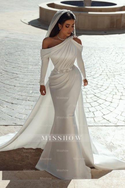 Glamorous one shoulder long sleeves mermaid satin Wedding dress with ruffles
