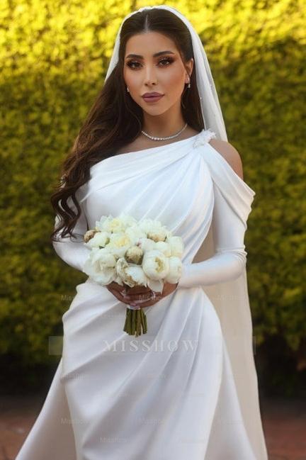 Glamorous one shoulder long sleeves mermaid satin Wedding dress with ruffles