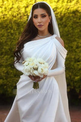 Glamorous one shoulder long sleeves mermaid satin Wedding dress with ruffles