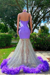 Glamorous Purple Halter Floor Length Satin Sleeveless Mermaid Prom Dress with Appliques