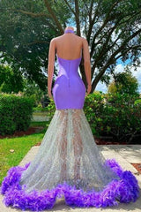 Glamorous Purple Halter Floor Length Satin Sleeveless Mermaid Prom Dress with Appliques