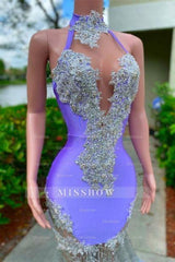 Glamorous Purple Halter Floor Length Satin Sleeveless Mermaid Prom Dress with Appliques