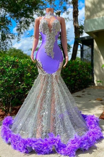 Glamorous Purple Halter Floor Length Satin Sleeveless Mermaid Prom Dre misshow