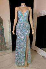 Glamorous Spaghetti Straps V-neck Sequined Sleeveless Prom Dress With Slit