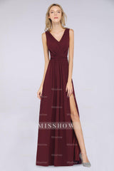 Glamorous TulleV-Neck Ruffle Burgundy Bridesmaid Dresses