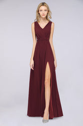 Glamorous TulleV-Neck Ruffle Burgundy Bridesmaid Dresses