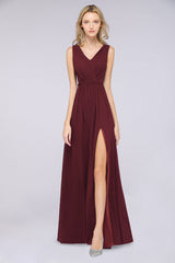 Glamorous TulleV-Neck Ruffle Burgundy Bridesmaid Dresses