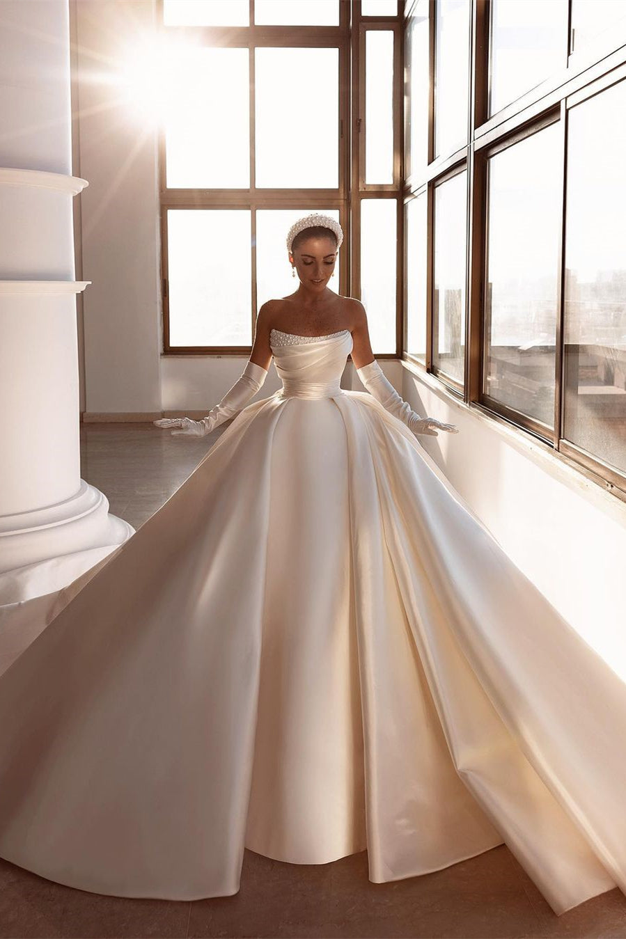 Glamorous White A-line Beading Satin Wedding Dress With Train