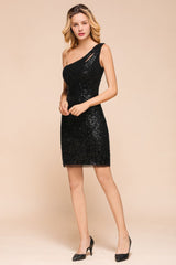 Glitter Black Sequins One Shoulder Mini Party Dress Short Cocktail Dress