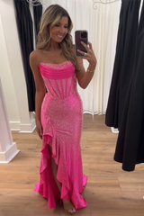 Glitter Orange Strapless Mermaid Beaded Long Corset Prom Dress with Ruffles