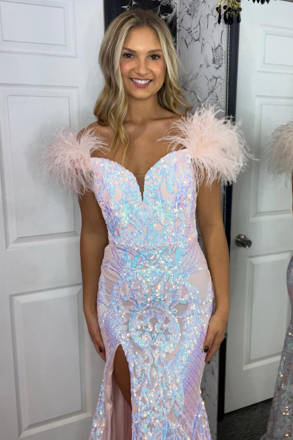 Glitter Royal Blue Mermaid Off the Shoulder Sequins Long Prom Dress with Feather