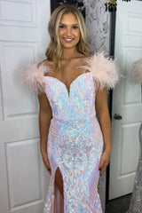 Glitter Royal Blue Mermaid Off the Shoulder Sequins Long Prom Dress with Feather