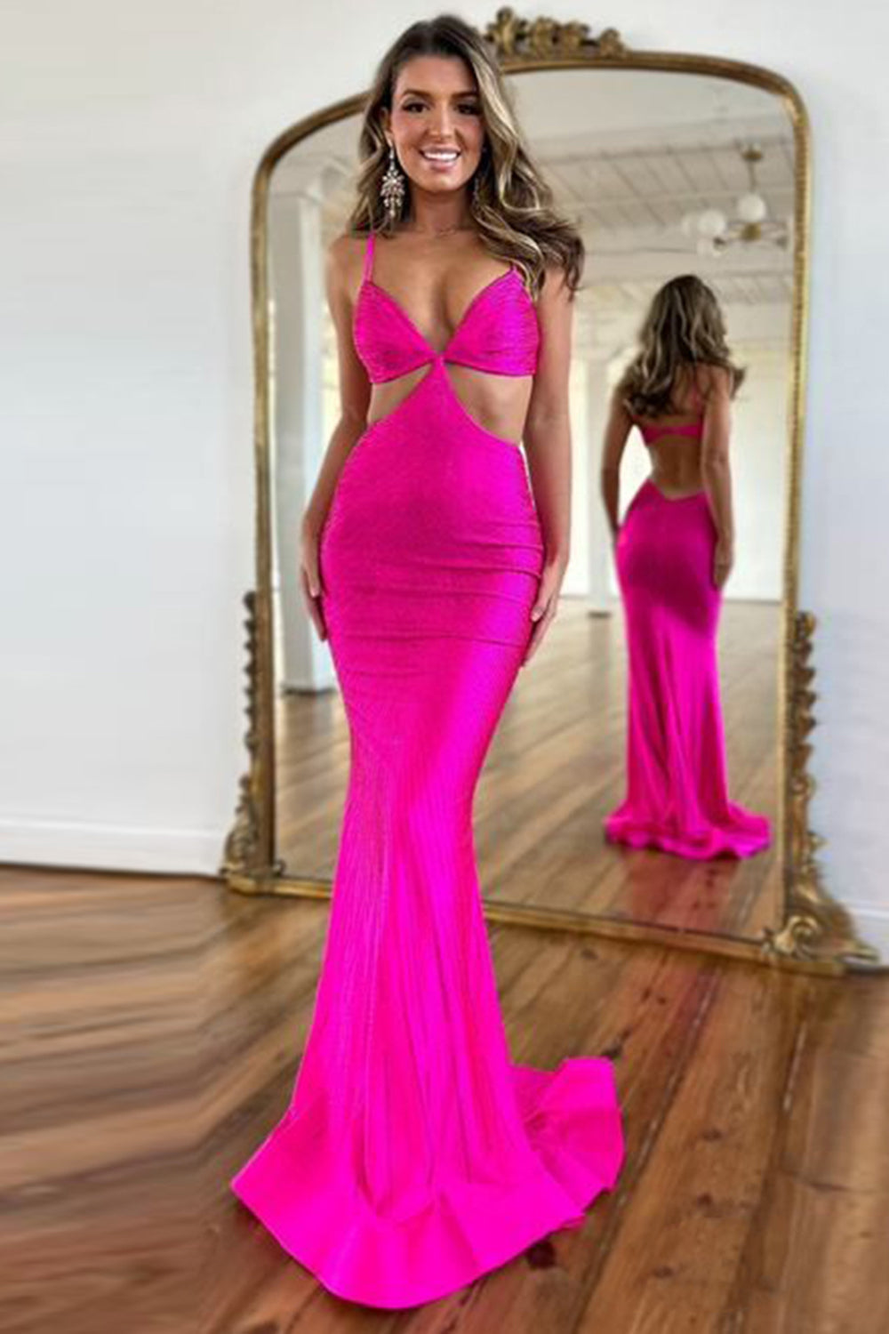 Glitter Yellow Spaghetti Straps Mermaid Cut-Out Long Prom Dress with Beading