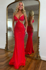 Glitter Yellow Spaghetti Straps Mermaid Cut-Out Long Prom Dress with Beading