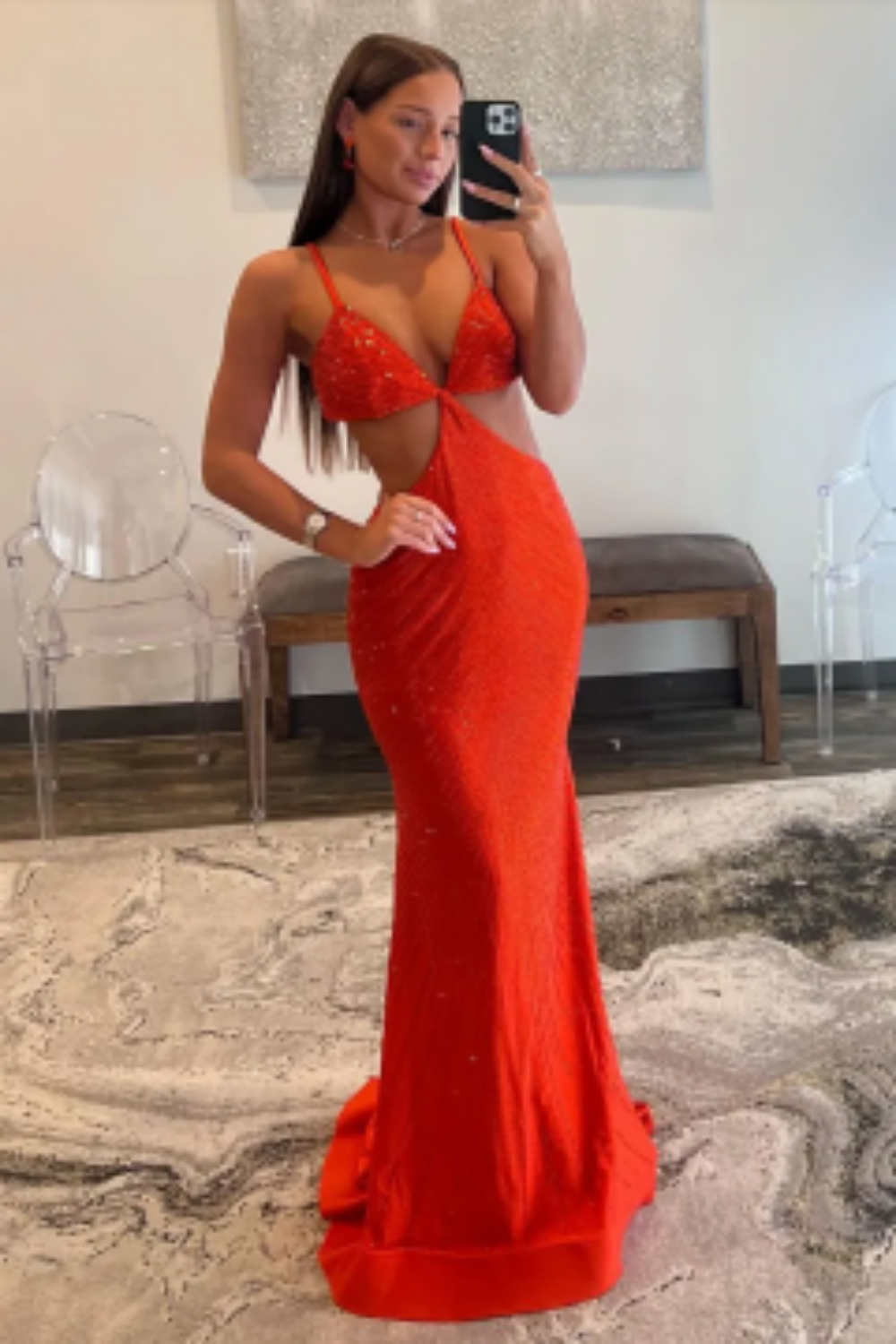Glitter Yellow Spaghetti Straps Mermaid Cut-Out Long Prom Dress with Beading