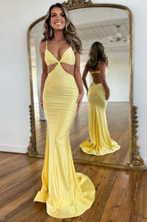 Glitter Yellow Spaghetti Straps Mermaid Cut-Out Long Prom Dress with Beading