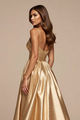 Golden A Line Satin Spaghetti Straps Long Prom Dress with Slit