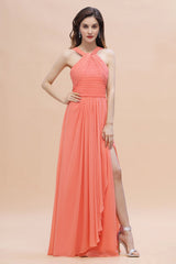 Gorgeous A-Line Sleeveless Coral Chiffon Bridesmaid Dresses with Ruffles On Sale