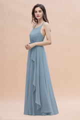 Gorgeous A-Line Straps Dusty Blue Chiffon Bridesmaid Dresses with Ruffles On Sale