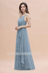 Gorgeous A-Line Straps Dusty Blue Chiffon Bridesmaid Dresses with Ruffles On Sale
