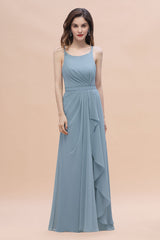 Gorgeous A-Line Straps Dusty Blue Chiffon Bridesmaid Dresses with Ruffles On Sale