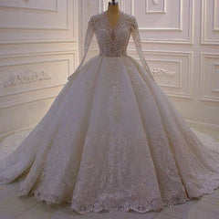 Gorgeous A-line White V-neck Long Sleeves Lace Sequined Wedding Dress