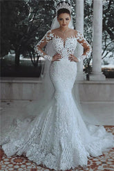 Gorgeous Beaded Lace Mermaid Wedding Dress leeves Sheer Tulle Appliques Bridal Wears