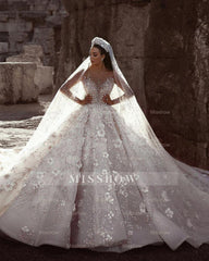 Gorgeous Beading Floral Bridal Wears Sheer Neck Long Sleeves Princess Wedding Dress