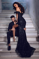 Gorgeous Black Long Off-the-shoulder Lace Sequined Evening Dresses With Slit
