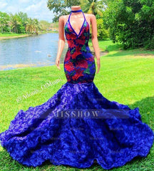 Gorgeous Blue Appliques Halter V-neck Sleeveless Floor-length Mermaid Prom Dresses