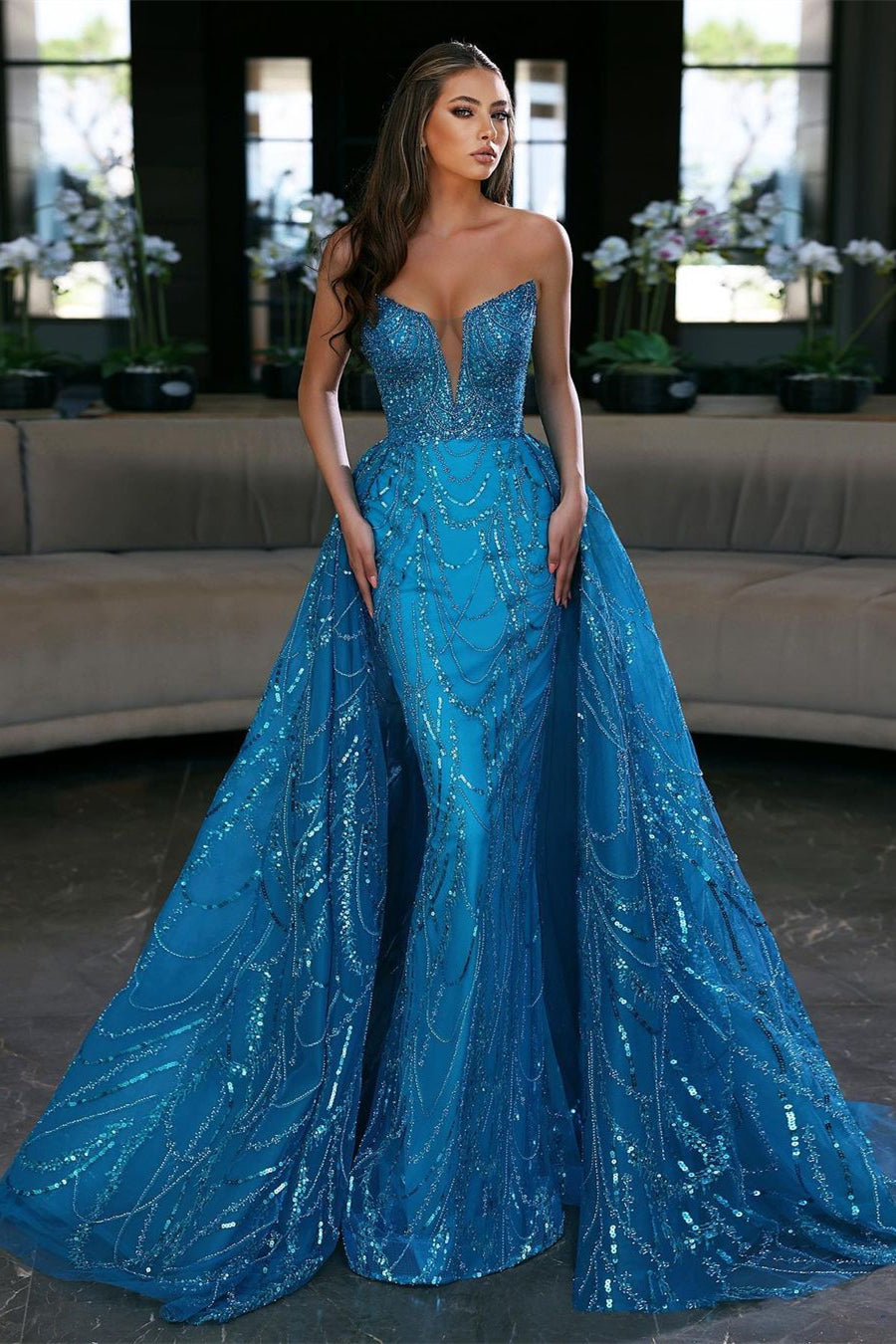 Gorgeous Blue Long Mermaid Sleeveless Prom Dress With Detachable