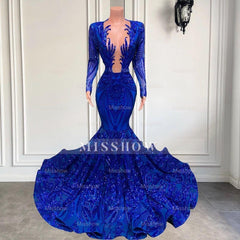 Gorgeous Blue V-neck Sequins Long Sleeve Floor-length Mermaid Prom Dresses