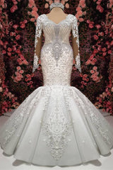 Gorgeous Crystals Mermaid Bridal Wears Long Sleeves Chapel Train Wedding Dress