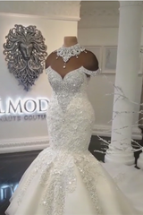 Gorgeous Crystals Mermaid Wedding Dress Off-the-Shoulder Appliques Bridal Wears