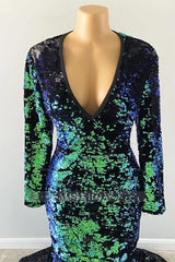 Gorgeous Dark Green V-neck Long Sleeve Floor-length Mermaid Prom Dresses