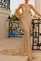 Gorgeous Gold Long Glitter High Neck Mermaid Sleeveless Evening Dresses