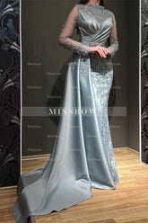 Gorgeous Grey Long Sleeves Jewel Mermaid Stretch Satin Prom Dress with Appliques