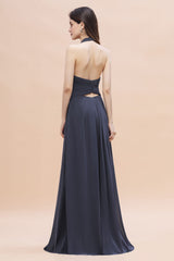 Gorgeous Halter Chiffon Ruffles Bridesmaid Dresses with Front Slit