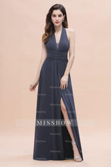 Gorgeous Halter Chiffon Ruffles Bridesmaid Dresses with Front Slit